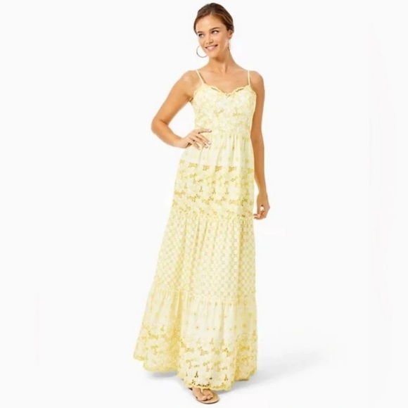 Lilly Pulitzer Dresses & Skirts - Lilly Pulitzer Kyla Maxi Dress SZ 2 St.Tropez Yellow Garden Floral Eyelet